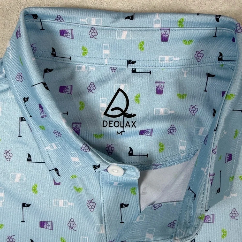 NWT Deolax Medium All Over Print Golf and Drinks Blue Performance Polo Shirt